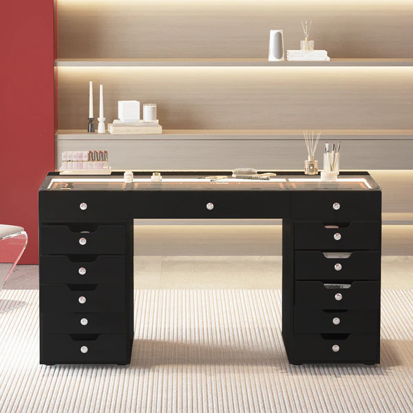 Ray Eva Vanity Desk - 13 Storage Drawers -Black