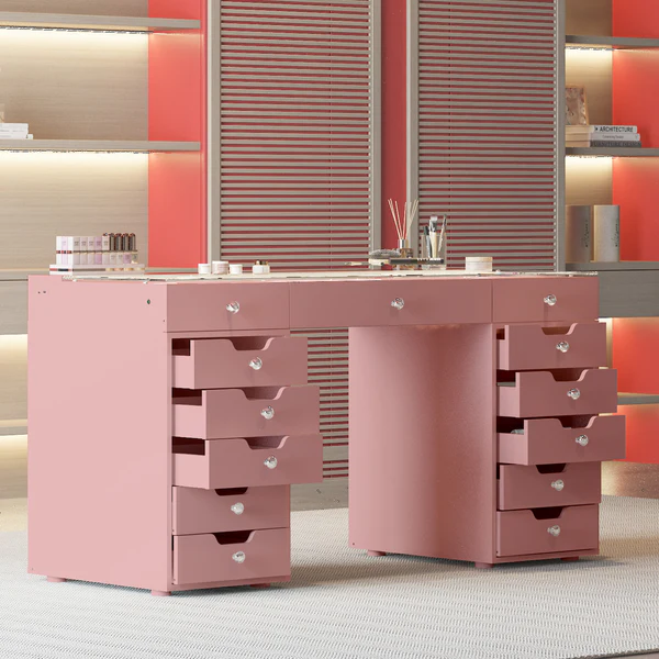 Ray Eva Vanity Desk - 13 Storage Drawers - Pink
