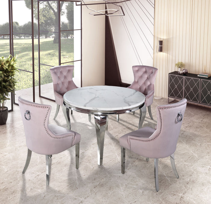 New Round Marble Luxury Fancy Dining Table & Pink Plush Chairs