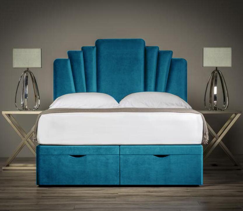 DIANA OTTOMAN STORAGE BED DIVAN OTTOMAN BASE WITH VERTICAL LINED DESIGNER HEADBOARD