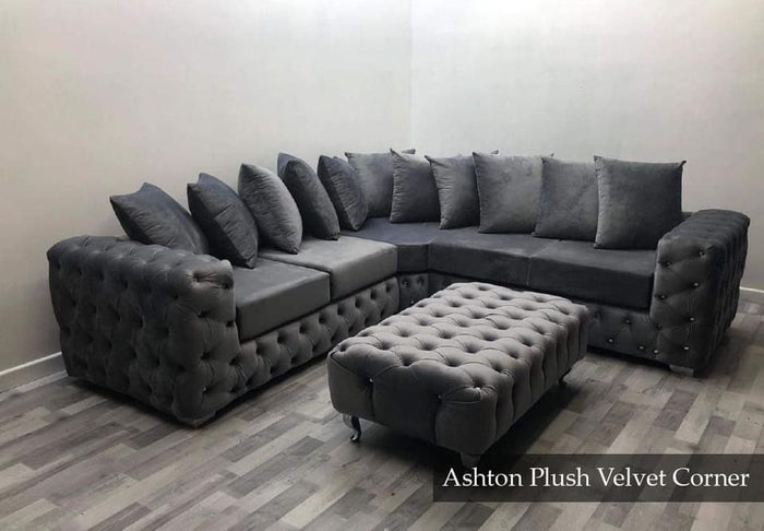 Ashton Chesterfield 5 Seater Corner Couch High Back Grey Plush Velvet Sofa