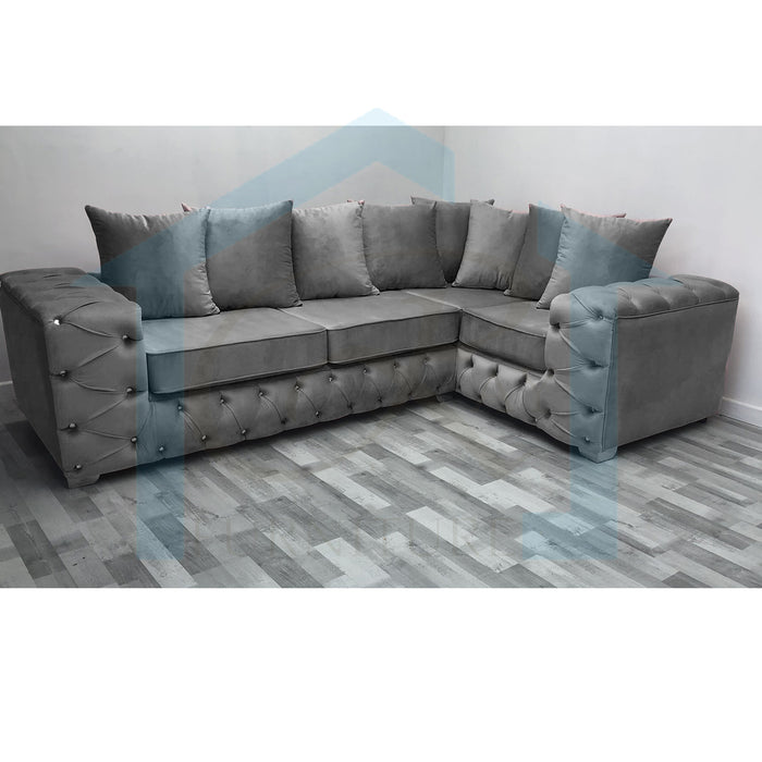 Ashton Chesterfield 4 Seater Left Corner Sofa Grey Plush Velvet