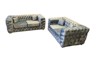 New Marble Silver Fabric Ashton Chesterfield Sofa 3+2 Seater Set