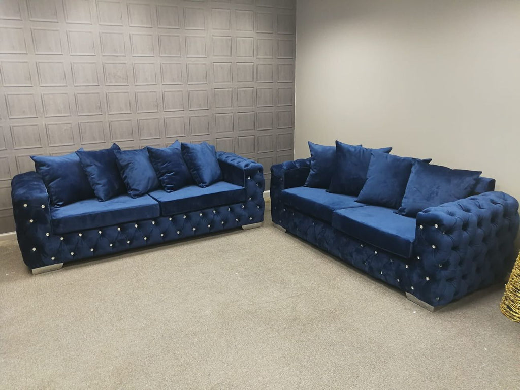 Ashton Chelsea Sofa 3+2 Seater Set Scatter Back Blue Plush Velvet