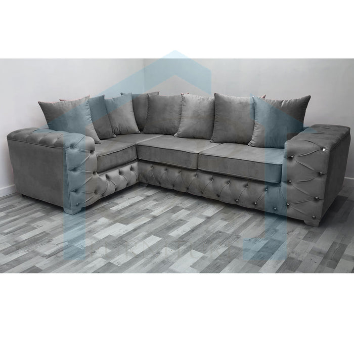 Ashton Chesterfield 4 Seater Right Corner Sofa Grey Plush Velvet