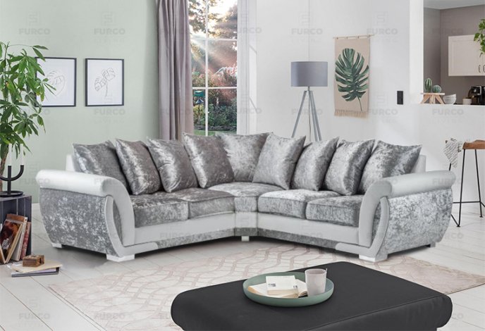 Farrow Crushed Velvet Leather White/Silver Corner Sofa