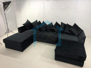 Belgravia U-Shape Black Plush Velvet Corner Scatter Back Sofa