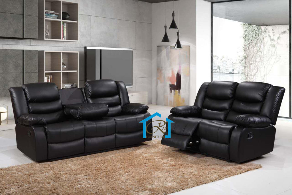 New Roma Recliner 3 Seater 2 Seater Black Leather Quality Sofa