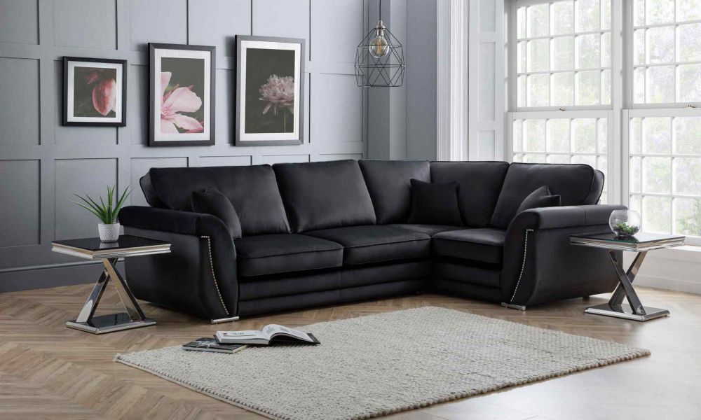 New Luxe Plush Black Sofa With High Back Cushions 4 Seater Right Hand Corner Couch