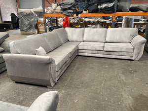 Luxe Plush Silver Grey Sofa 5 Seater Double Corner