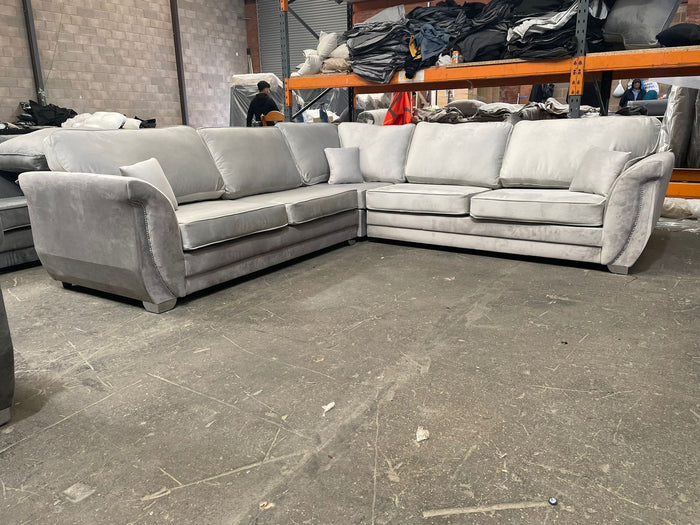 Luxe Plush Silver Grey Sofa 5 Seater Double Corner