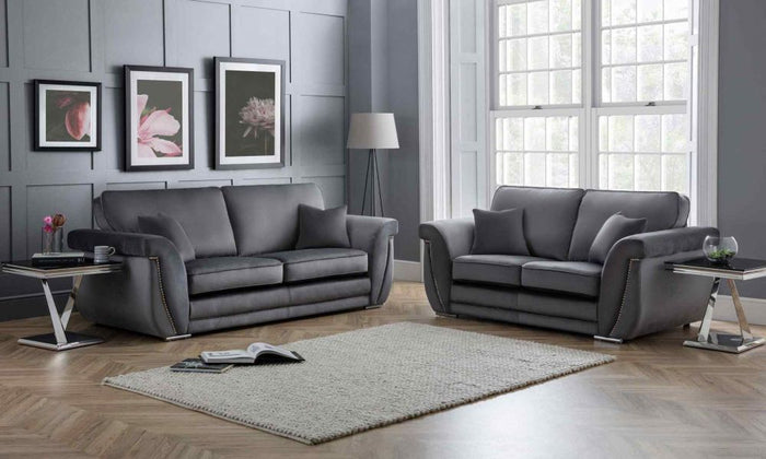 New Luxe Plush Velvet Steel Grey Sofa With High Back Cushions 3+2 Seater Sofa Set