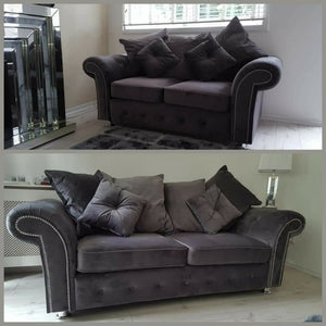 Olympia Chesterfield Grey Plush Velvet 3 Seater + 2 Seater Sofa Set