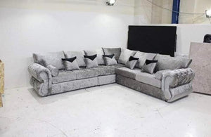 Rio Tuxedo Chesterfield Silver Crush Velvet 6 Seater Corner Sofa Full Back Cushions