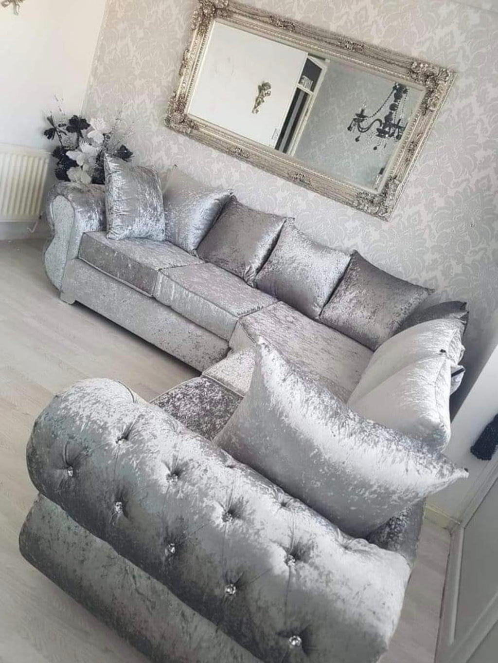 Rio Tuxedo Chesterfield Silver Crush Velvet 5 Seater Corner Sofa