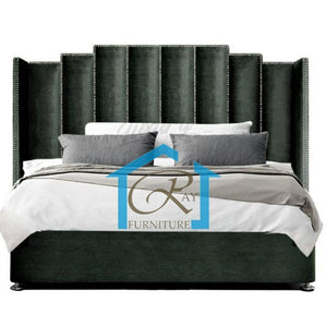 AVERY SLEIGH STYLE WINGED BED FRAME DESIGNER UPHOLSTERED BED FRAME WITH WINGBACK HEADBOARD