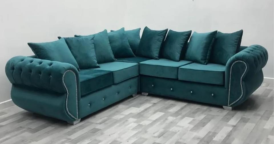 Rio Tuxedo Chesterfield Green Plush Velvet 5 Seater Corner Sofa