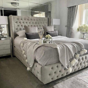 DIAMOND WINGED BED FRAME FULL VELVET UPHOLSTERED DESIGNER BED